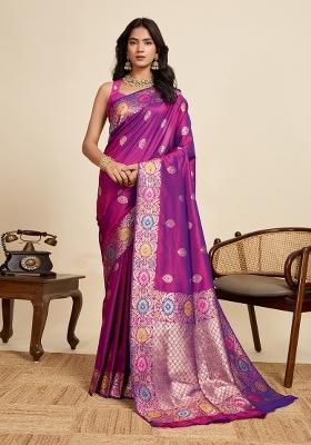 Purple Woven Silk Blend Saree Set