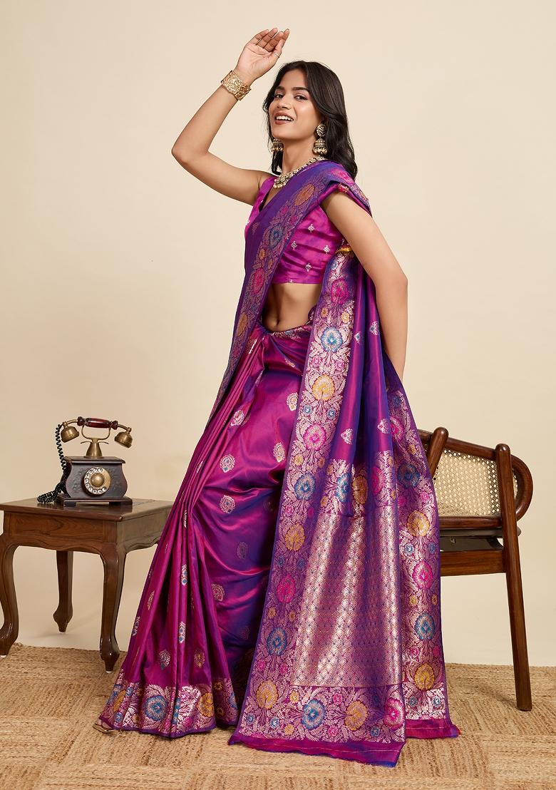 Purple Woven Silk Blend Saree Set - Indya