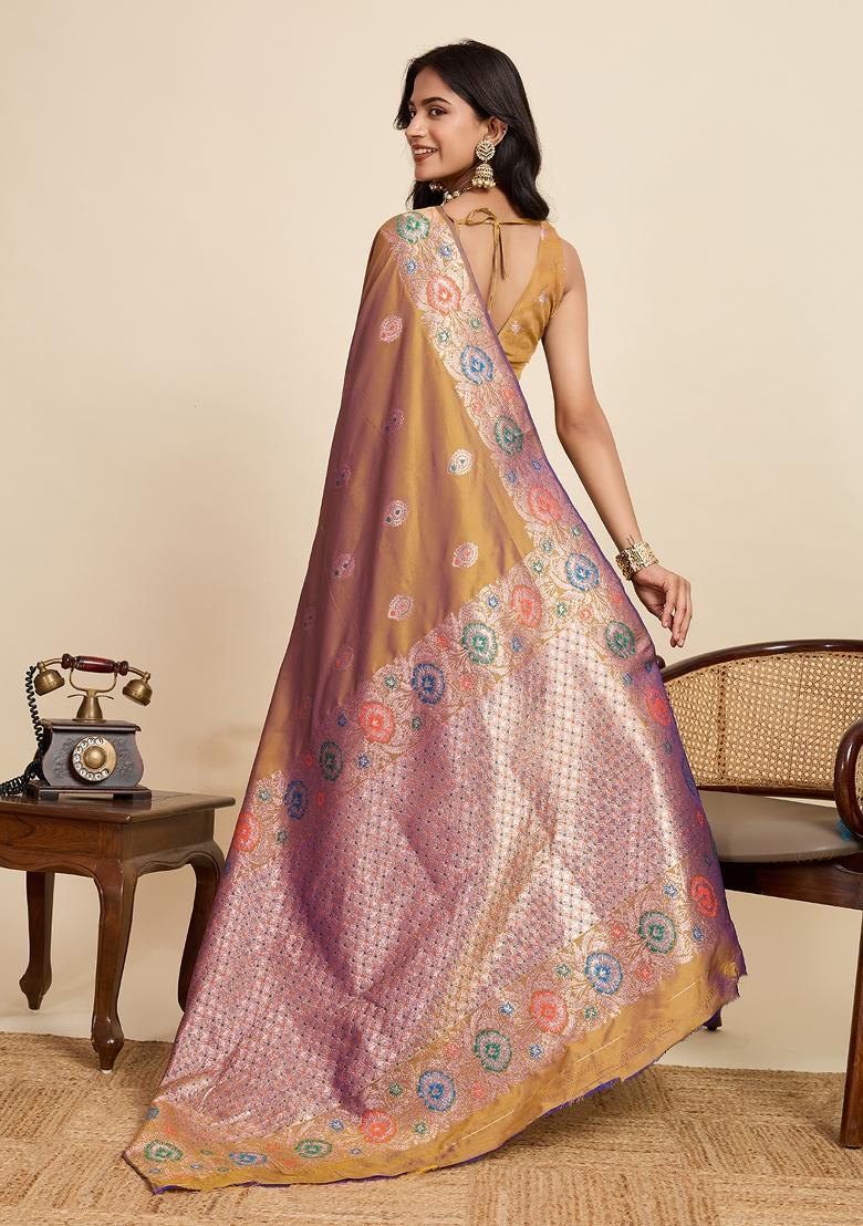 Gold Woven Silk Blend Saree Set - Indya