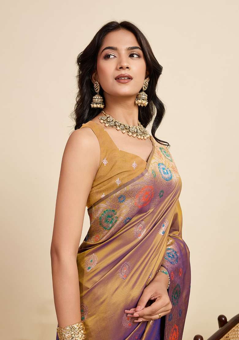 Gold Woven Silk Blend Saree Set for Diwali | Wedding & Festive Wear - Indya
