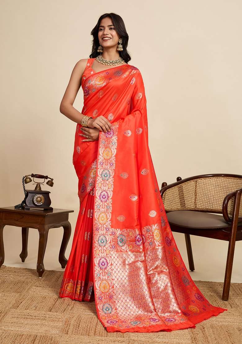 Orange Woven Silk Blend Saree Set for Diwali | Wedding & Festive Wear - Indya
