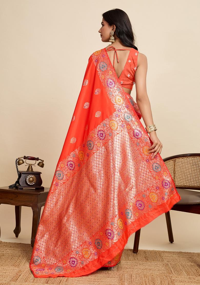 Orange Woven Silk Blend Saree Set - Indya