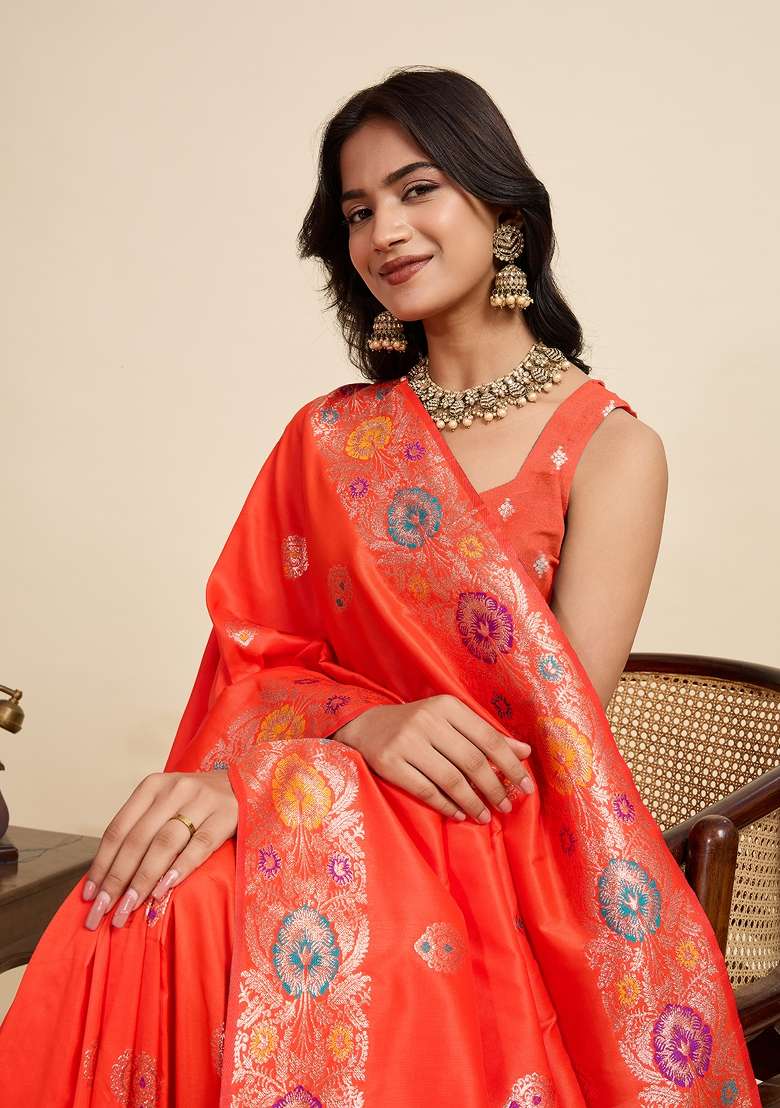 Orange Woven Silk Blend Saree Set for Diwali | Wedding & Festive Wear - Indya