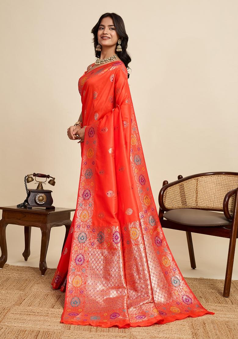 Orange Woven Silk Blend Saree Set - Indya