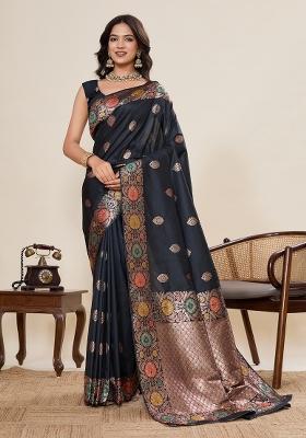 Black Woven Silk Blend Saree Set