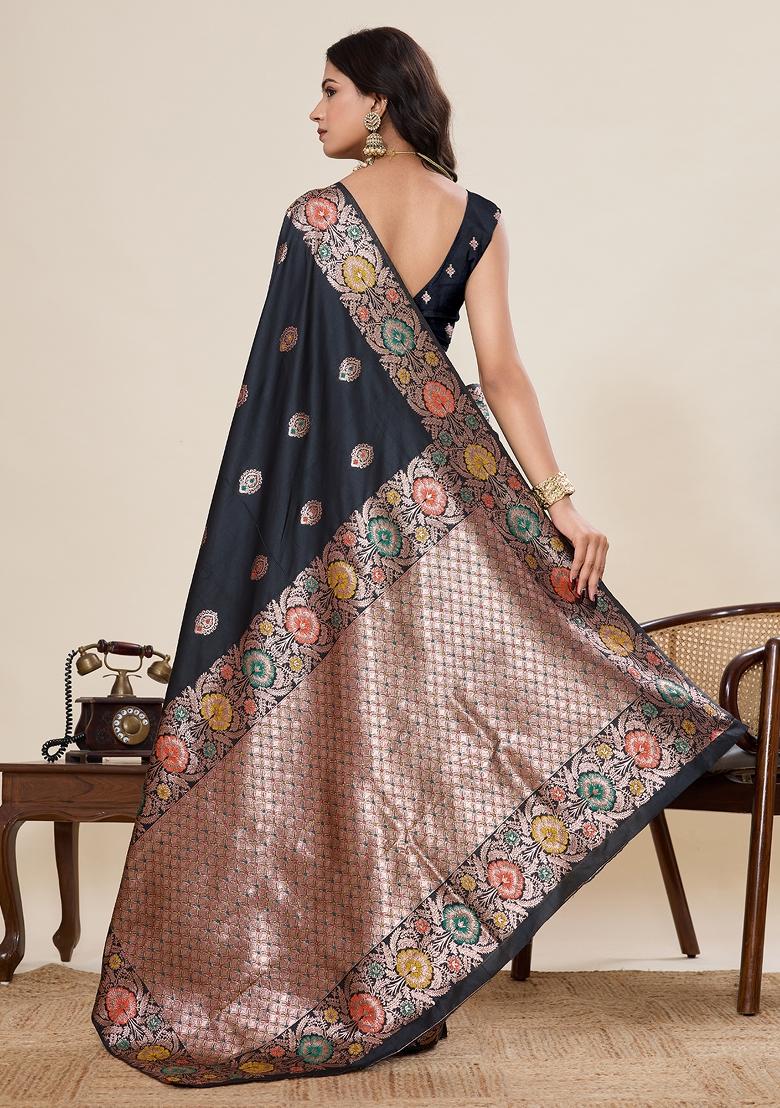 Black Woven Silk Blend Saree Set - Indya