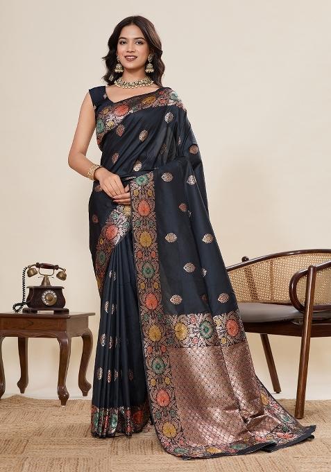 Black Woven Silk Blend Saree Set