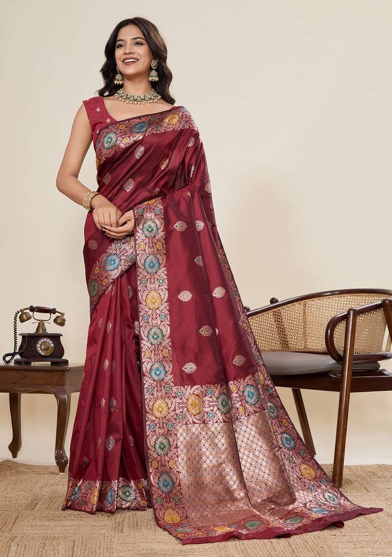 Maroon Woven Silk Blend Saree Set for Diwali | Wedding & Festive Wear - Indya