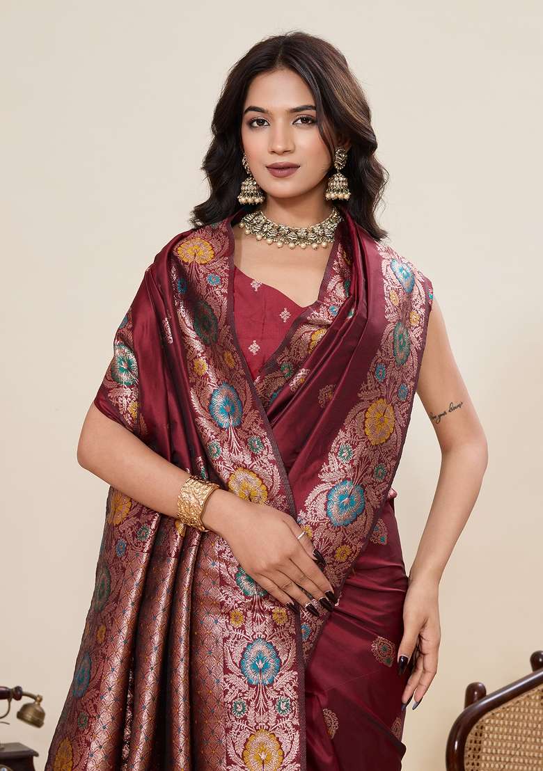 Maroon Woven Silk Blend Saree Set for Diwali | Wedding & Festive Wear - Indya