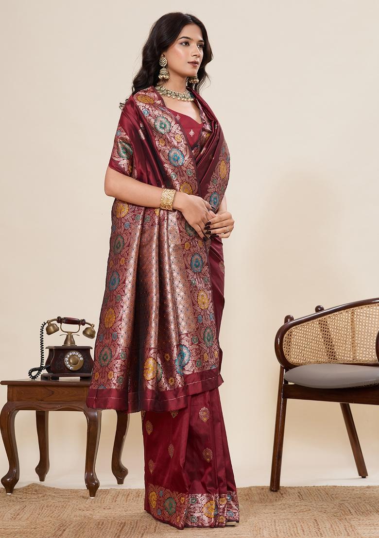 Maroon Woven Silk Blend Saree Set - Indya