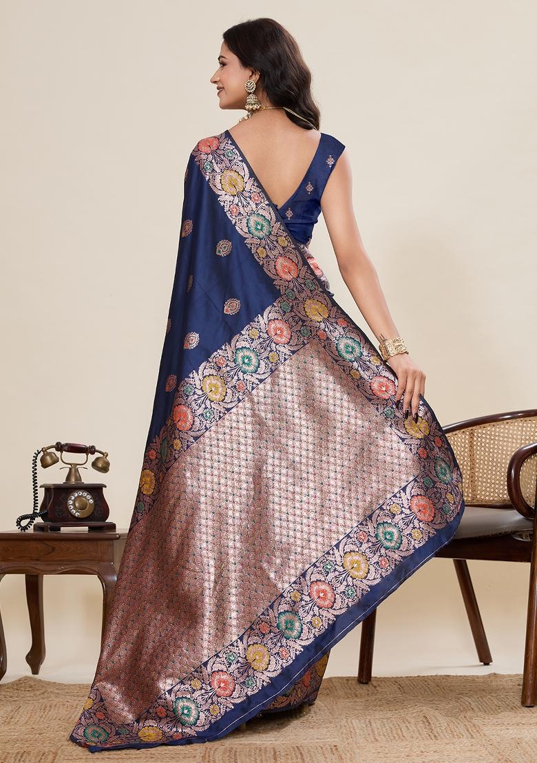 Blue Woven Silk Blend Saree Set - Indya