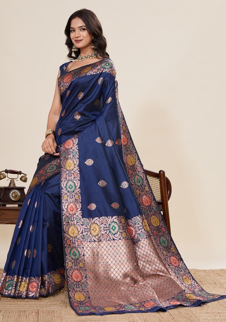Blue Woven Silk Blend Saree Set - Indya