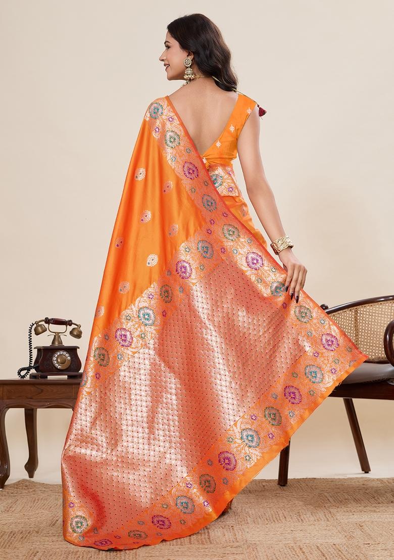 Mustard Woven Silk Blend Saree Set - Indya