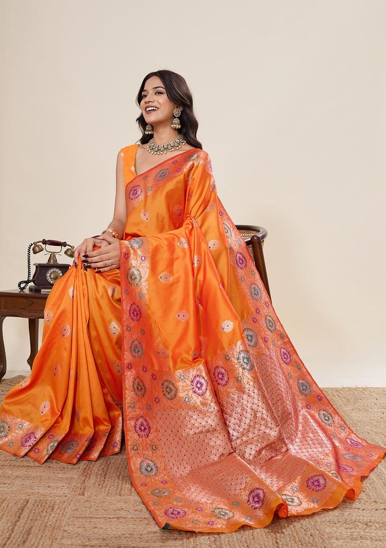 Mustard Woven Silk Blend Saree Set - Indya