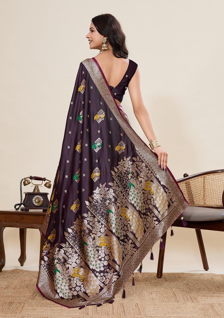 Wine Woven Silk Blend Saree Set - Indya