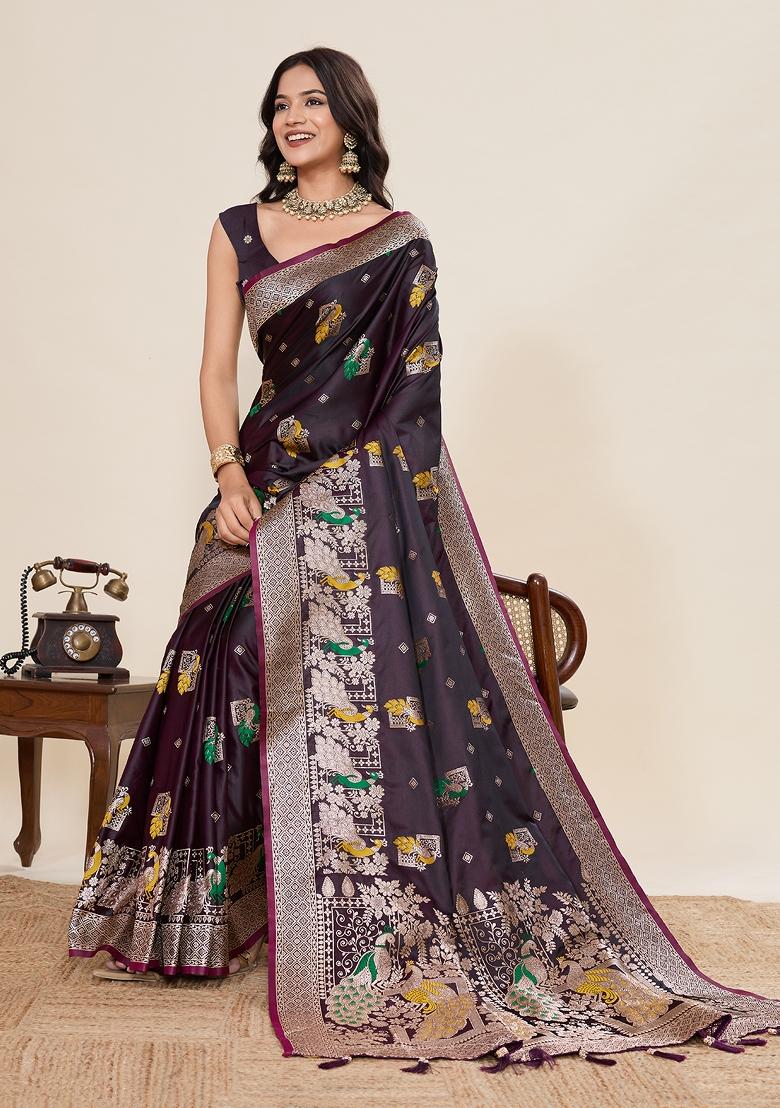 Wine Woven Silk Blend Saree Set - Indya