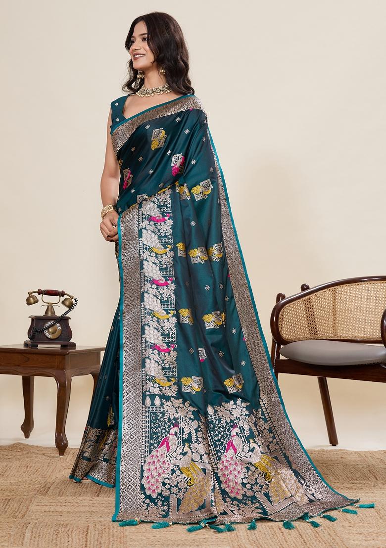 Teal Woven Silk Blend Saree Set - Indya