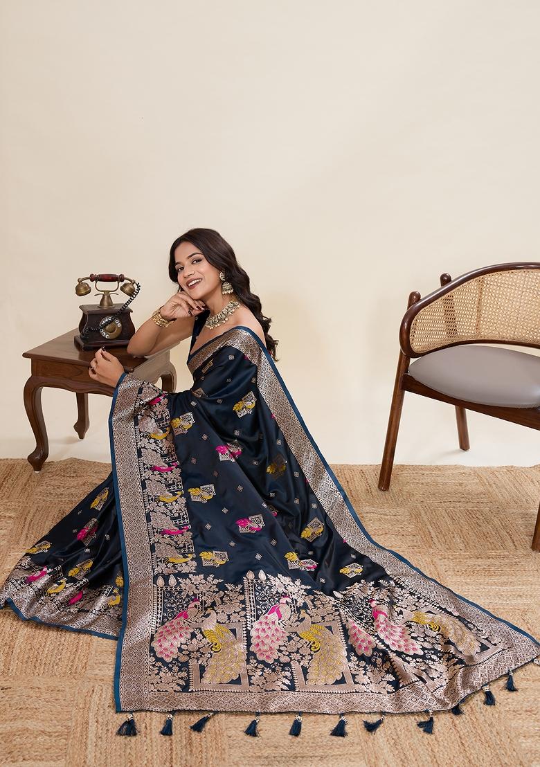 Blue Woven Silk Blend Saree Set - Indya