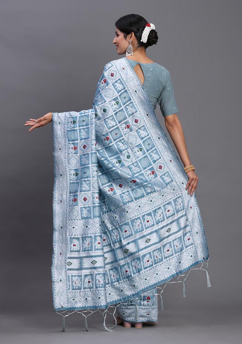 Sky Blue Woven Blended Cotton Saree Set - Indya