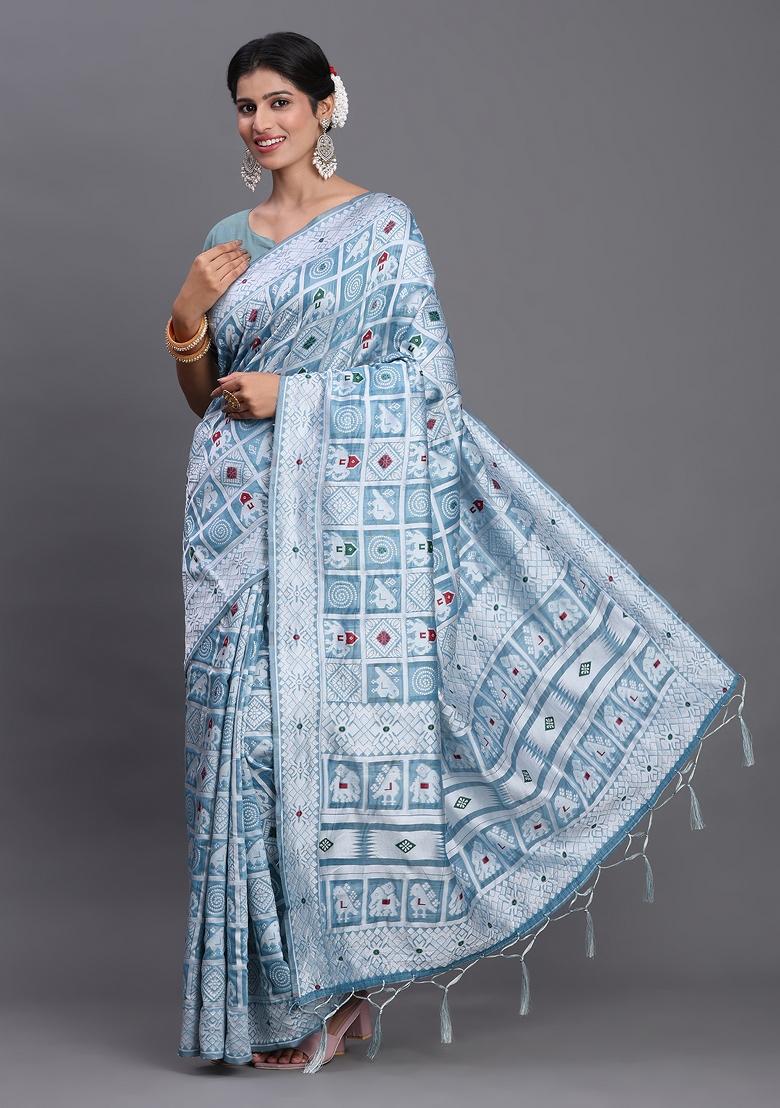 Sky Blue Woven Blended Cotton Saree Set - Indya