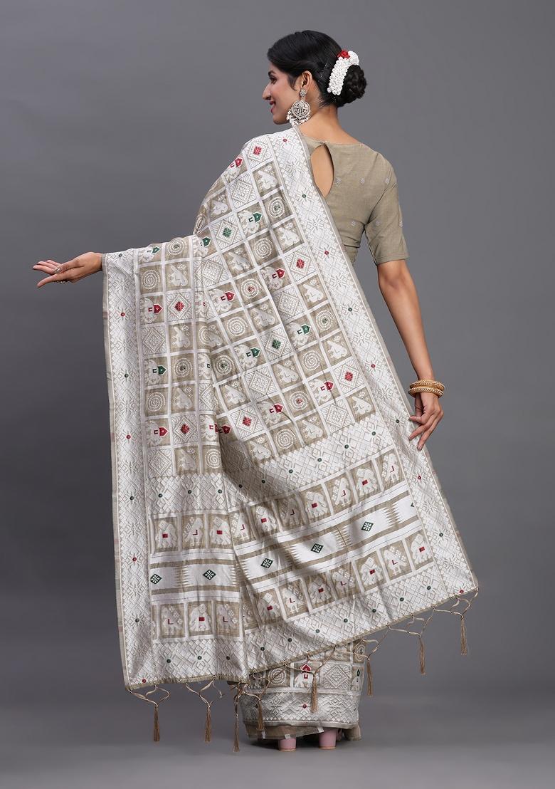 Beige Woven Blended Cotton Saree Set - Indya