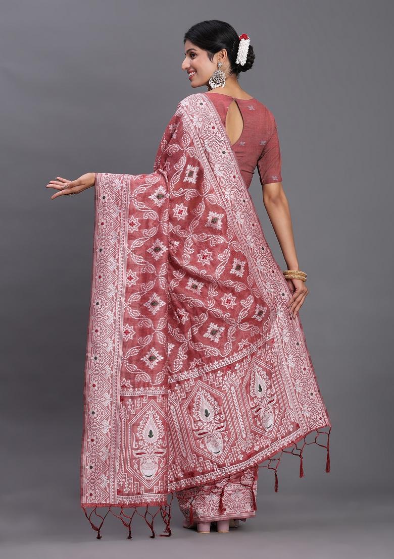 Peach Woven Blended Cotton Saree Set - Indya