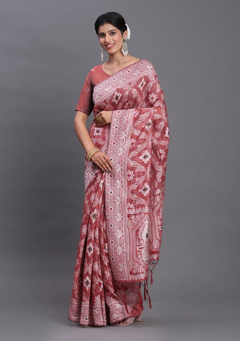 Peach Woven Blended Cotton Saree Set - Indya