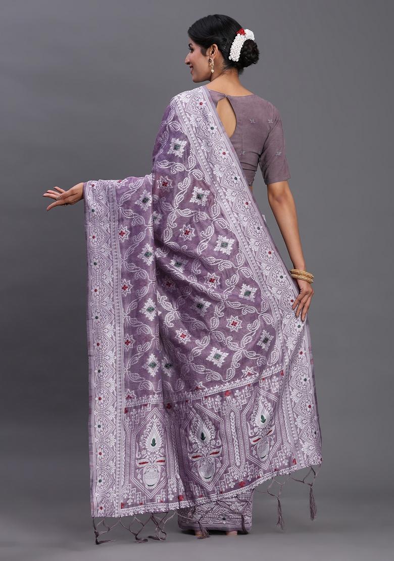 Violet Woven Blended Cotton Saree Set - Indya