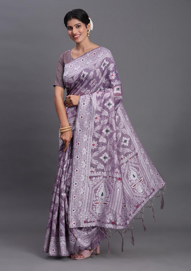 Violet Woven Blended Cotton Saree Set - Indya