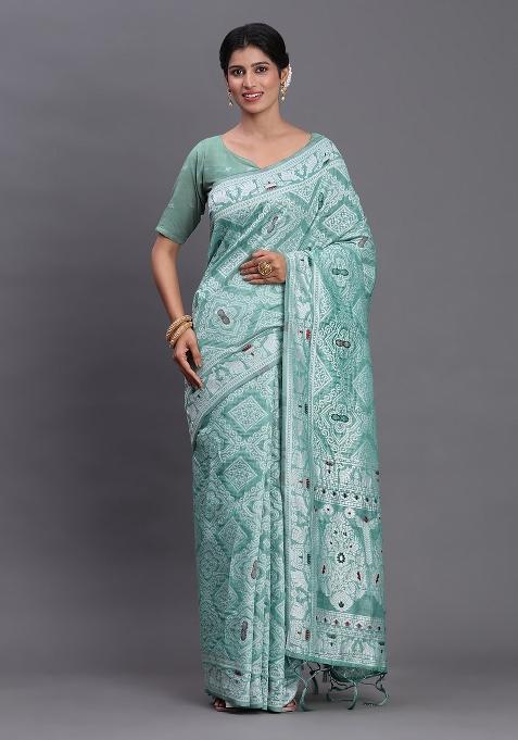 Sea Green Woven Blended Cotton Saree Set