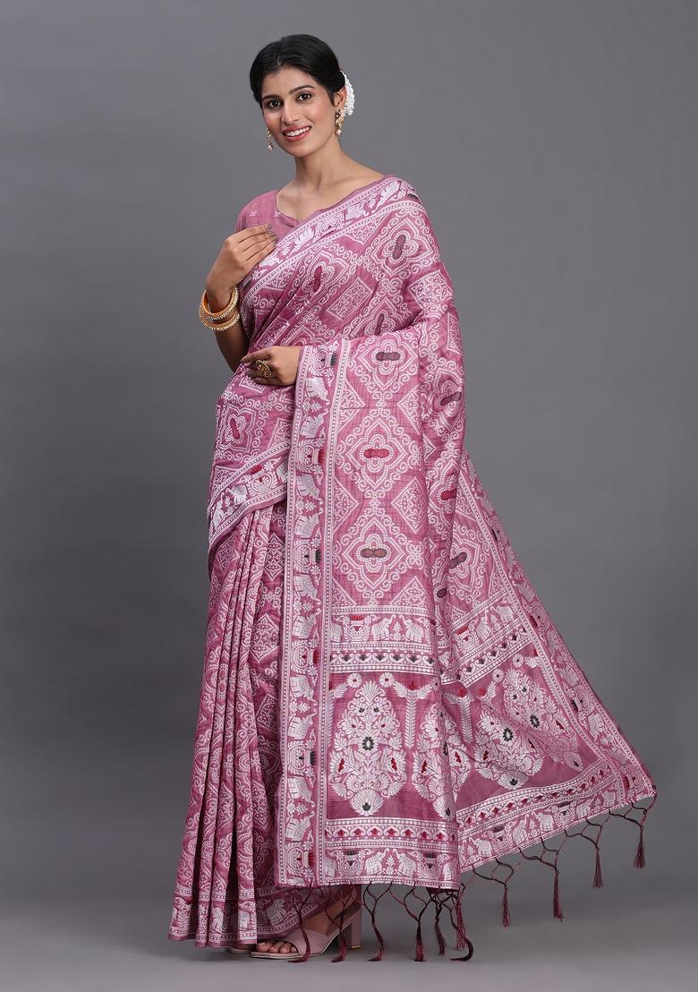 Purple Woven Blended Cotton Saree Set - Indya