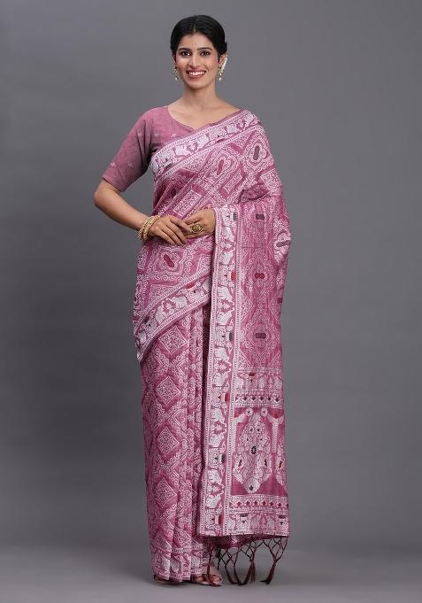 Purple Woven Blended Cotton Saree Set