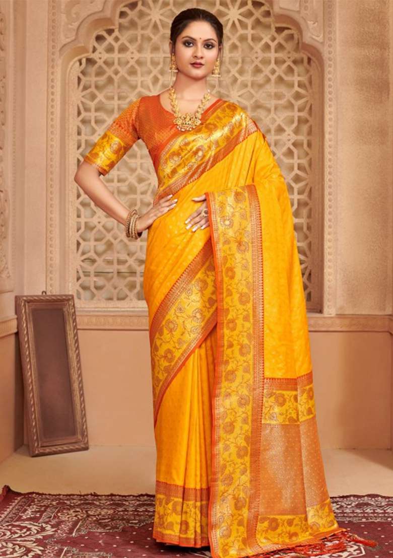 Yellow Woven Silk Blend Saree Set for Diwali | Wedding & Festive Wear - Indya