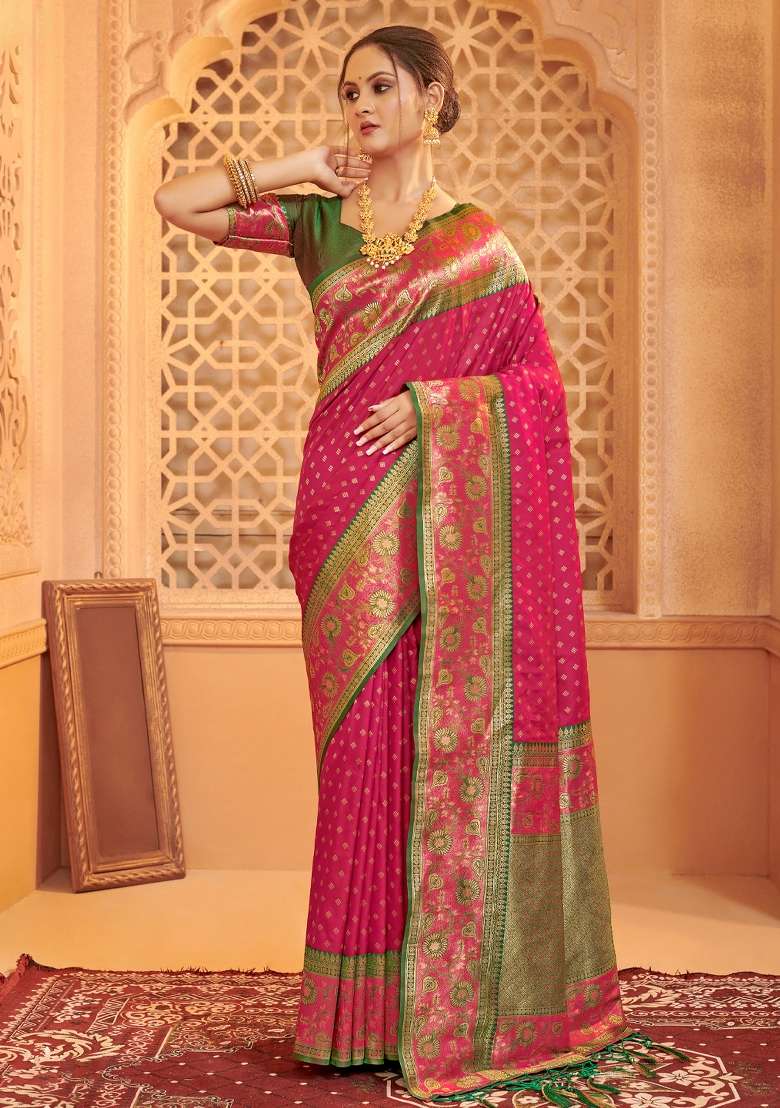 Dark Pink Woven Silk Blend Saree Set for Diwali and Festive Wear - Indya
