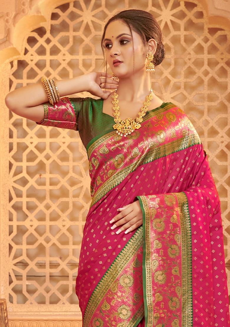 Dark Pink Woven Silk Blend Saree Set - Indya
