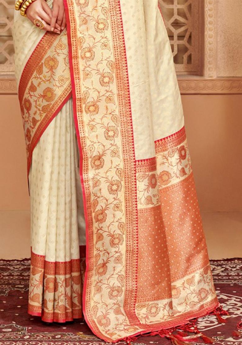 Off White Woven Silk Blend Saree Set - Indya