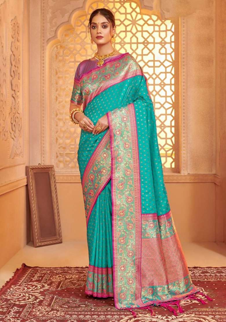 Sea Green Woven Silk Blend Saree Set for Diwali | Wedding & Festive Wear - Indya