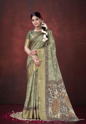 Green Printed Silk Blend Saree Set