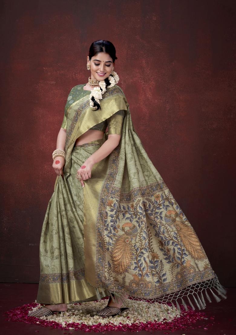 Green Printed Silk Blend Saree Set - Indya
