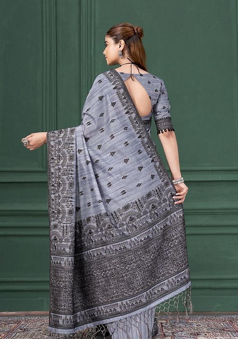 Blue Printed Silk Blend Saree Set - Indya