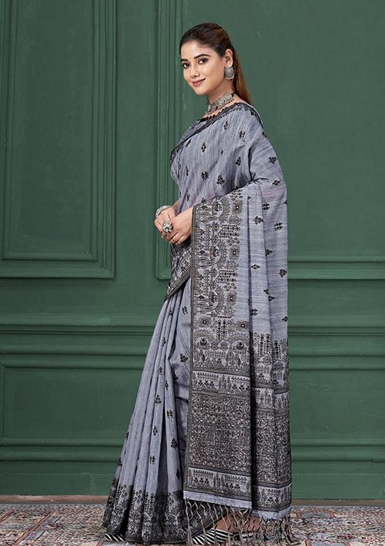 Blue Printed Silk Blend Saree Set - Indya