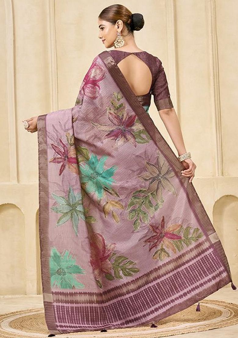 Pink Printed Silk Blend Saree Set - Indya