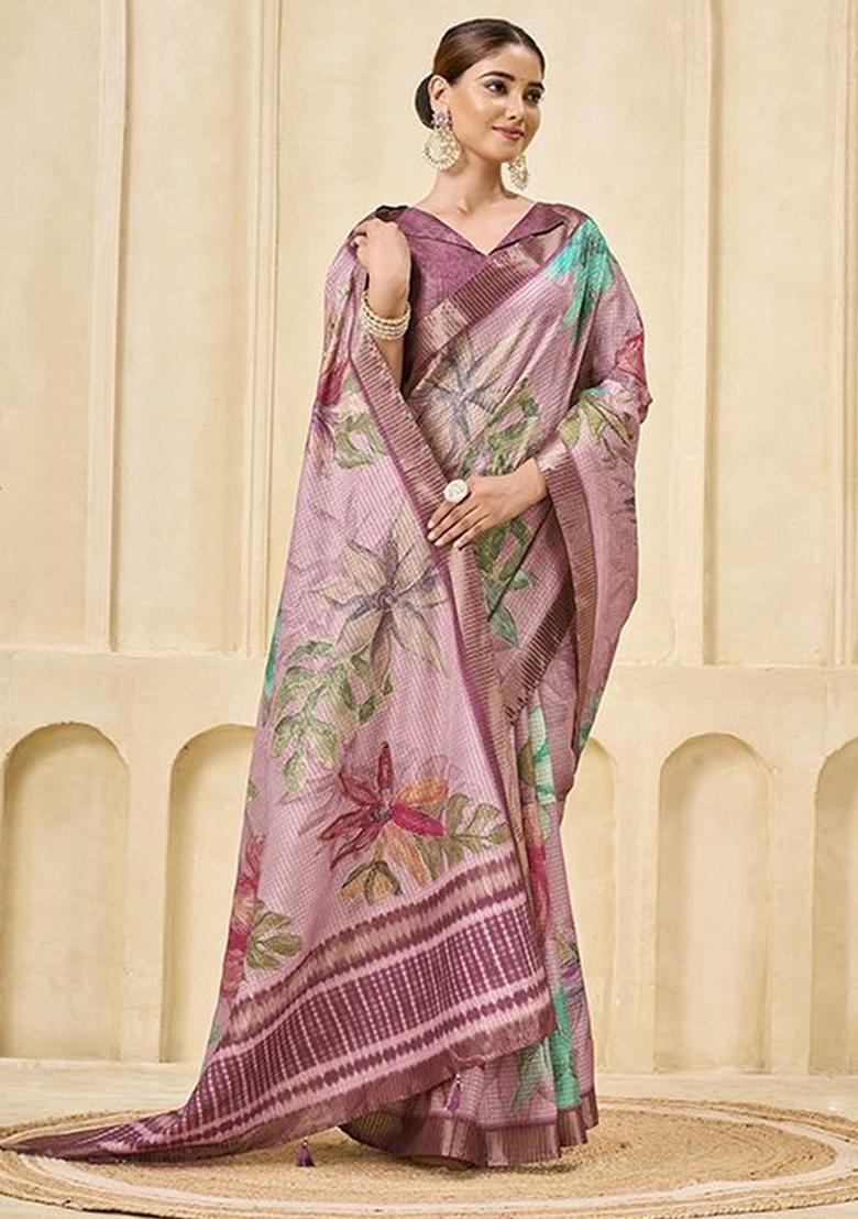 Pink Printed Silk Blend Saree Set - Indya