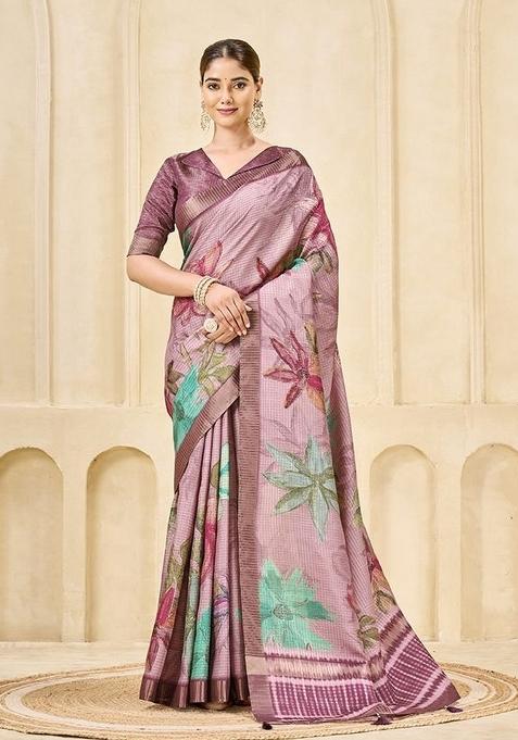 Pink Printed Silk Blend Saree Set