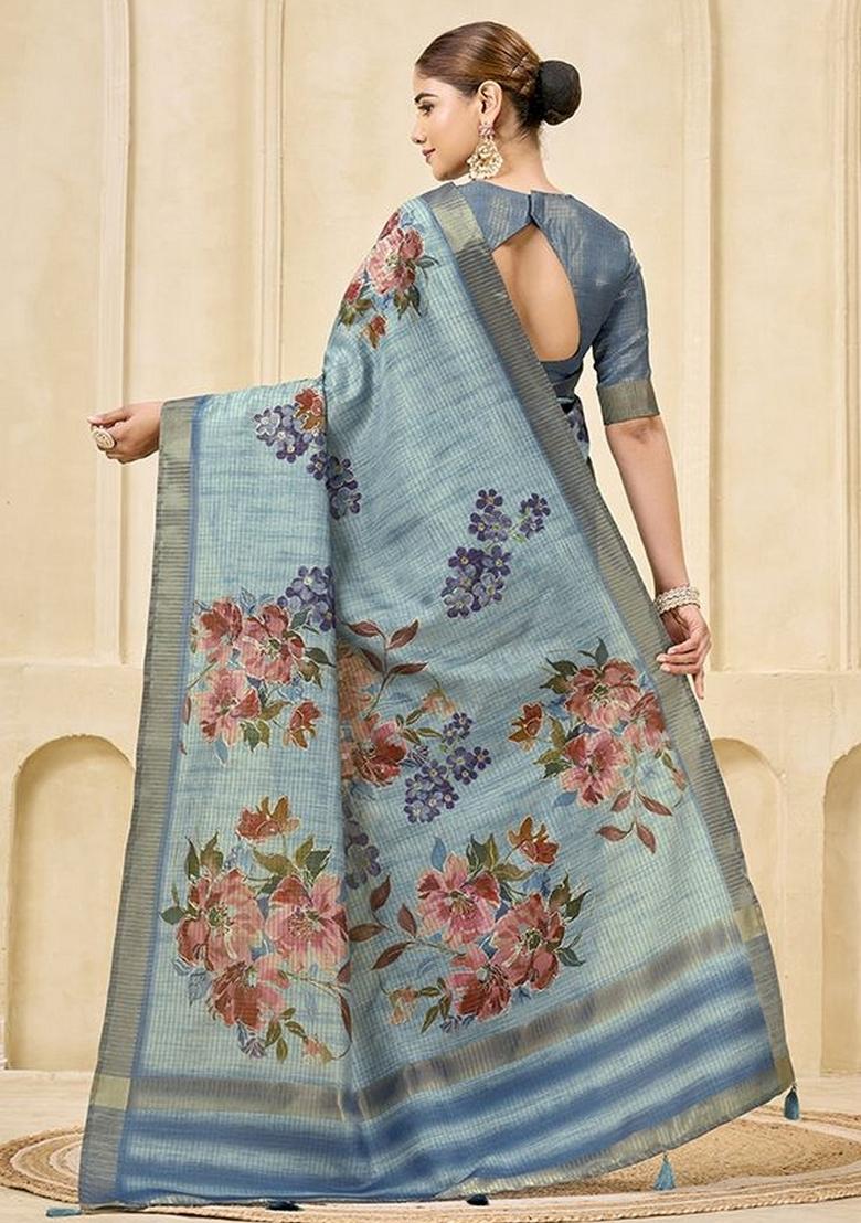 Sky Blue Printed Silk Blend Saree Set - Indya