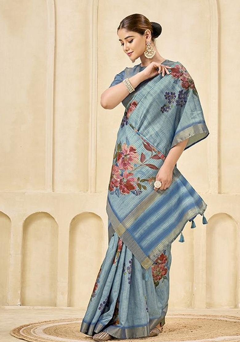 Sky Blue Printed Silk Blend Saree Set - Indya