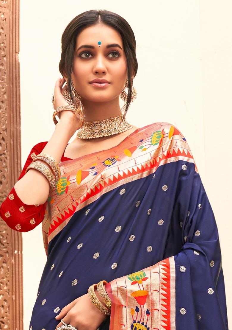 Navy Blue Woven Silk Blend Saree Set - Indya