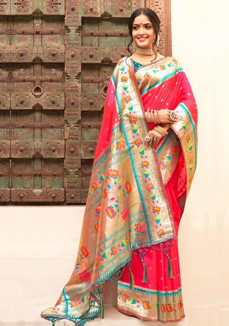 Pink Woven Silk Blend Saree Set - Indya