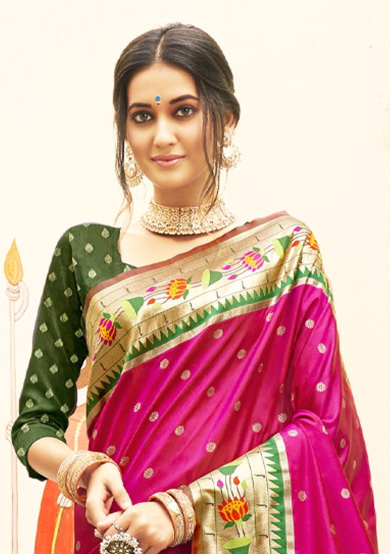 Magenta Woven Silk Blend Saree Set - Indya