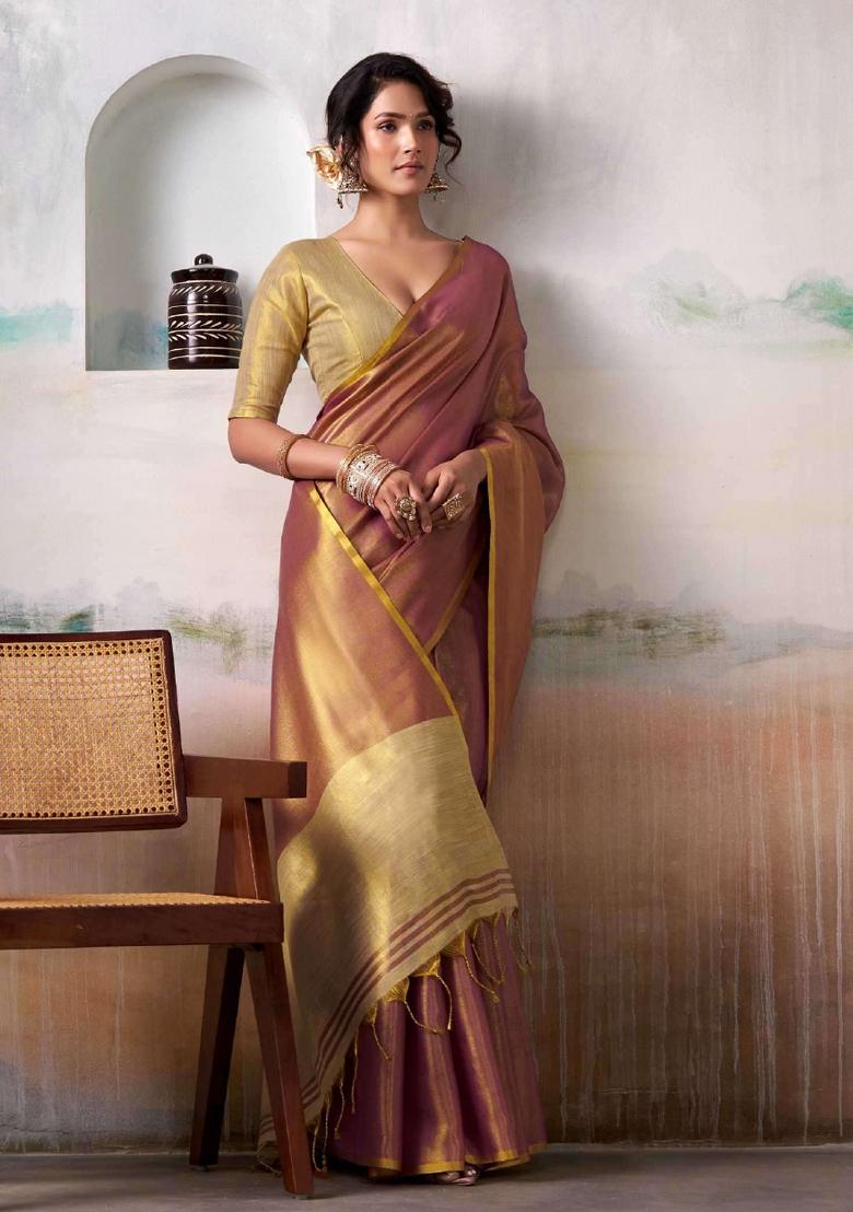 Purple Woven Silk Blend Saree Set - Indya